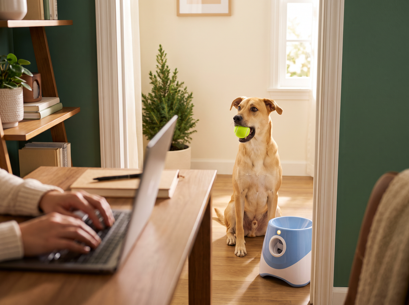 Dog waiting by the home-office door with a ball while the owner works on a laptop