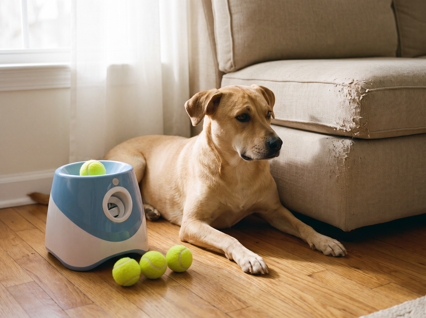 Dog looking at a chewed cushion in a warm living room