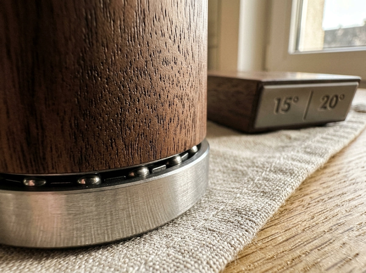 Solid walnut grain meeting brushed steel on the body of the Honewood sharpener