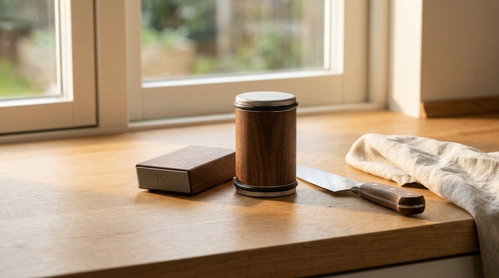 The Honewood rolling knife sharpener and its magnetic angle base on a sunlit kitchen counter
