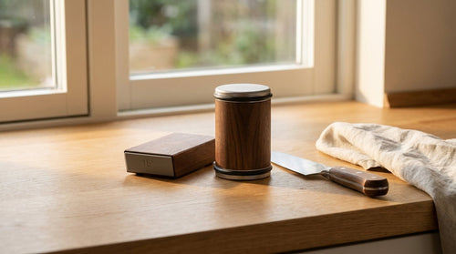 The Honewood rolling knife sharpener and its magnetic angle base on a sunlit kitchen counter