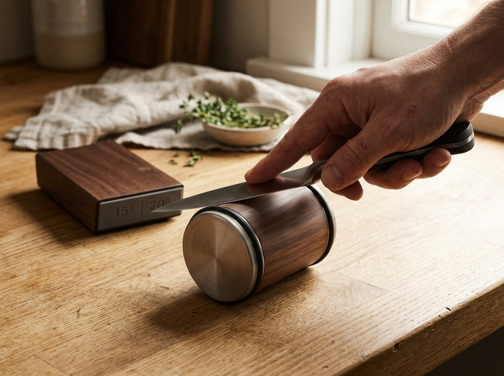 Rolling a kitchen knife across the diamond disc of the walnut Honewood sharpener