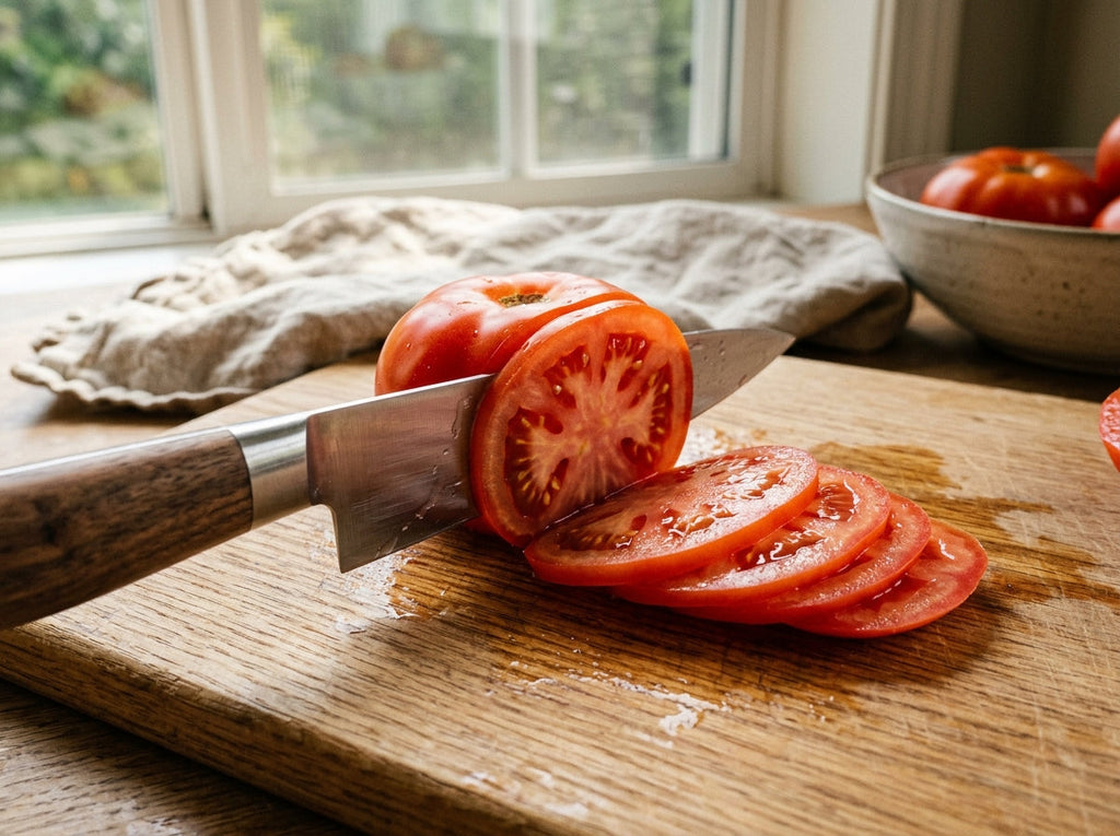 A freshly sharpened knife slicing a ripe tomato into paper-thin translucent slices