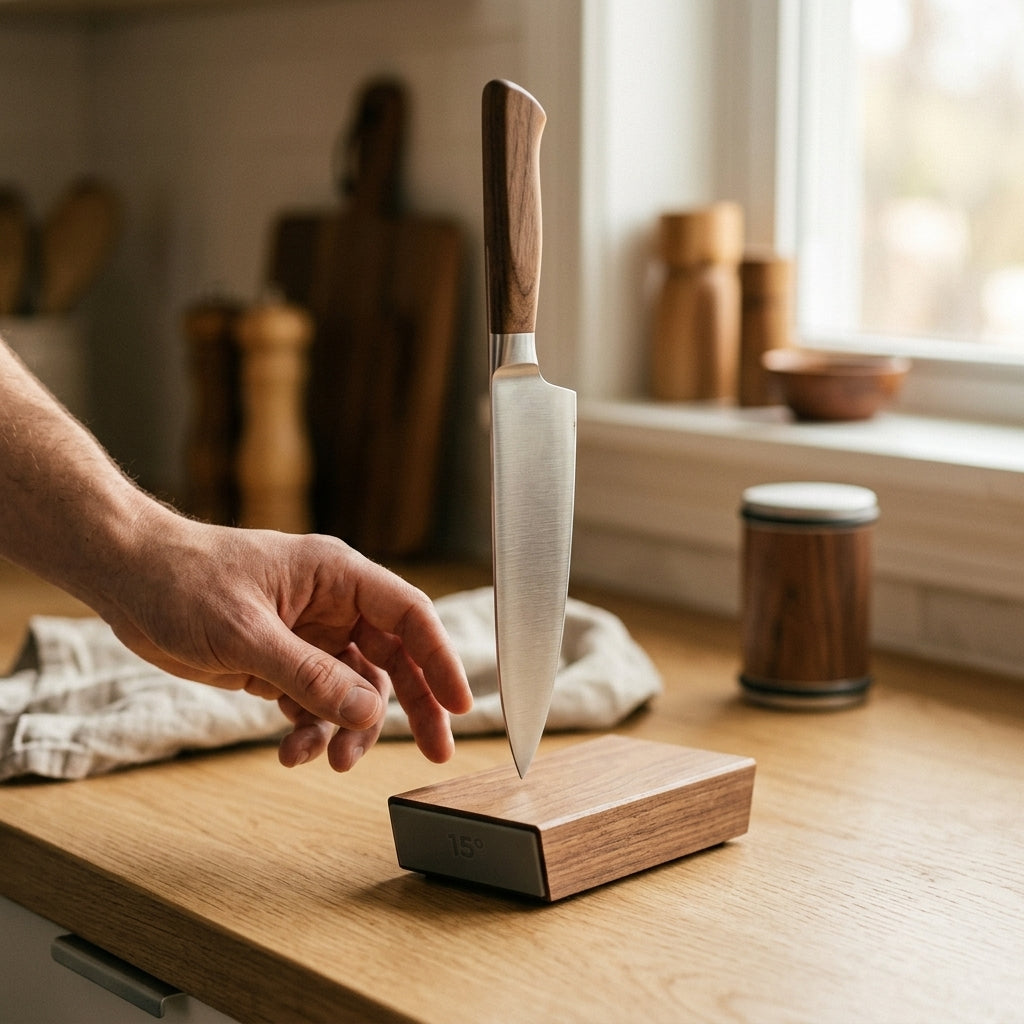 A chef's knife held upright by the strong magnet of the Honewood angle base