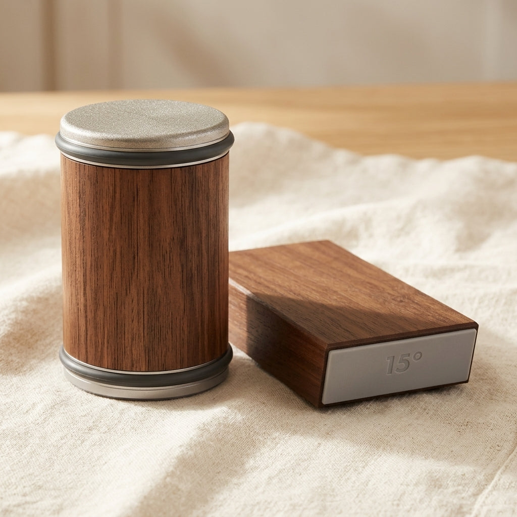 The Honewood walnut roller and magnetic angle base on warm linen