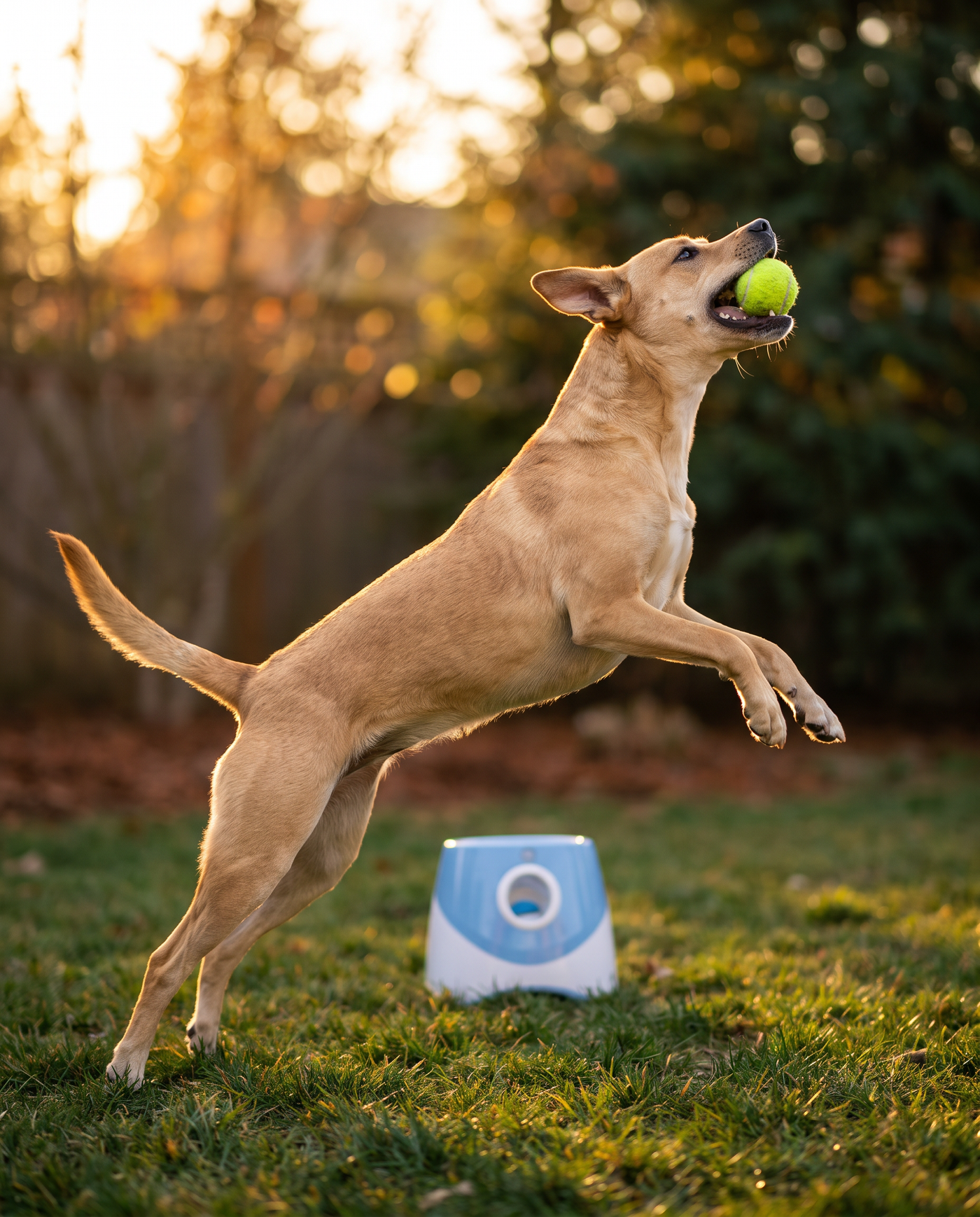 Dog sprinting across a wide yard after a launched ball, owner relaxed on a bench