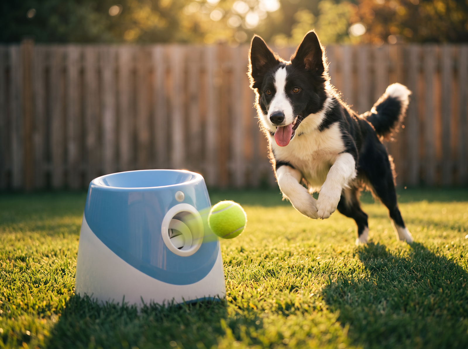 Border Collie leaping to chase a ball launched by the Rovedog launcher